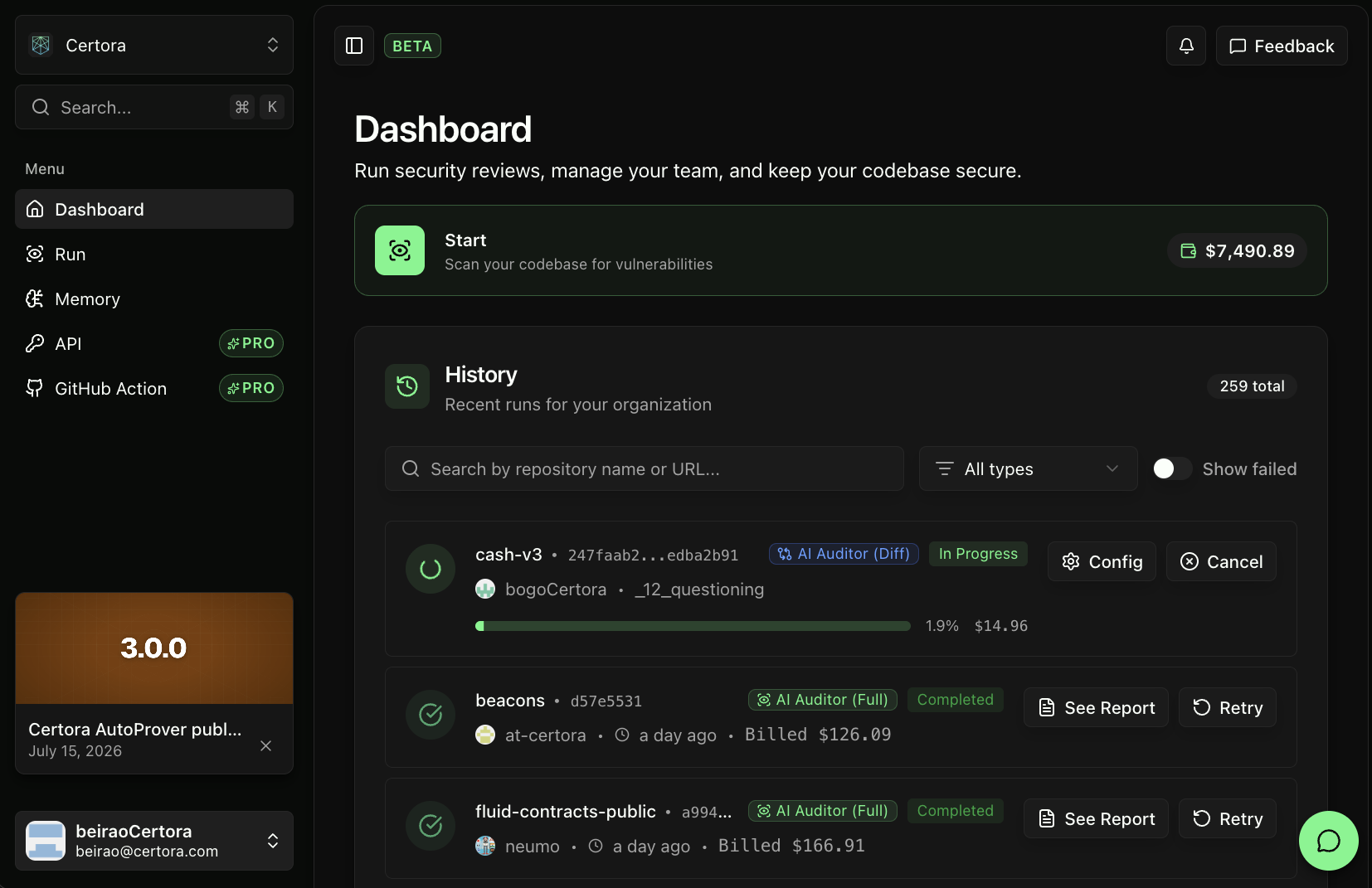 AutoProver dashboard showing recent security review runs and their status