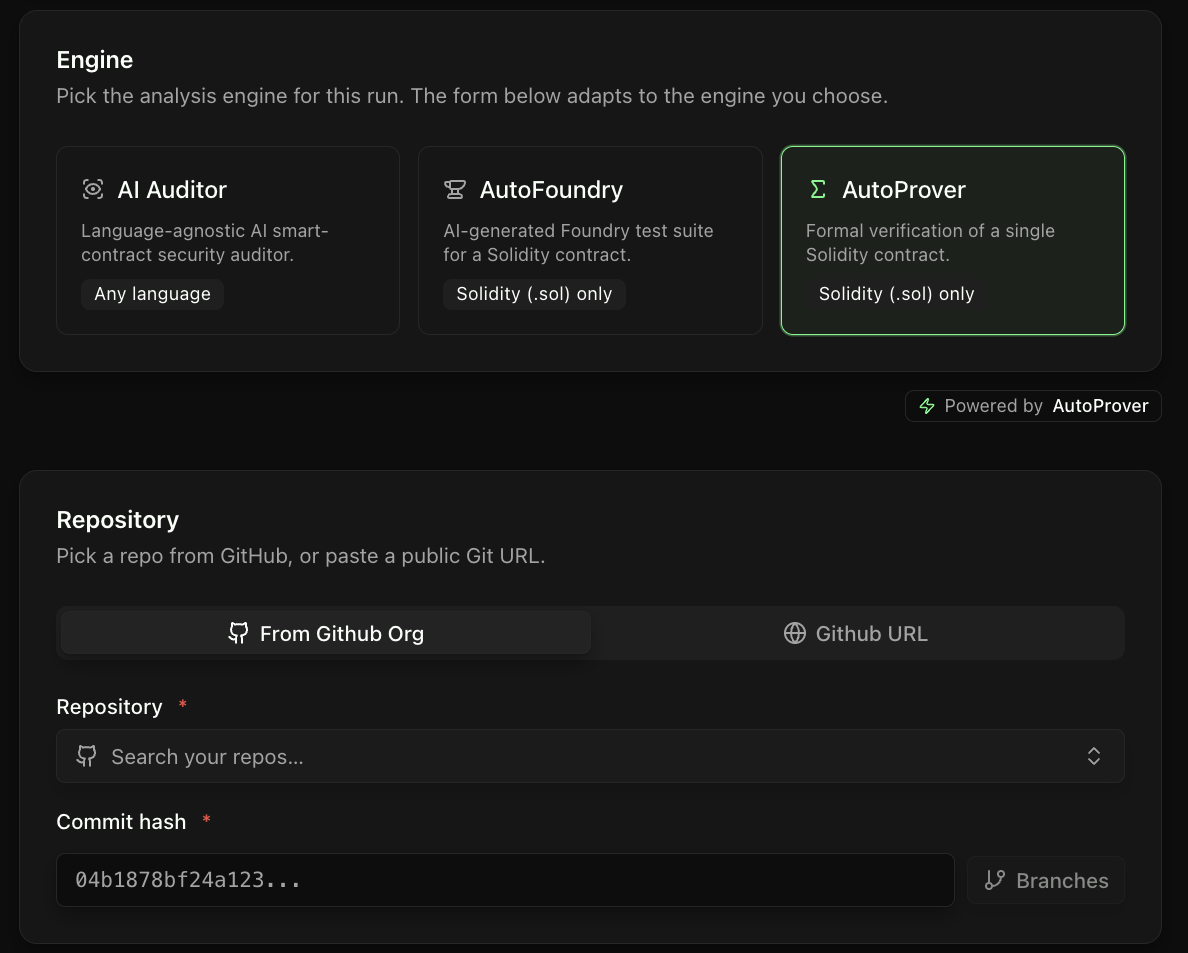 AutoProver run configuration with the formal-verification engine selected