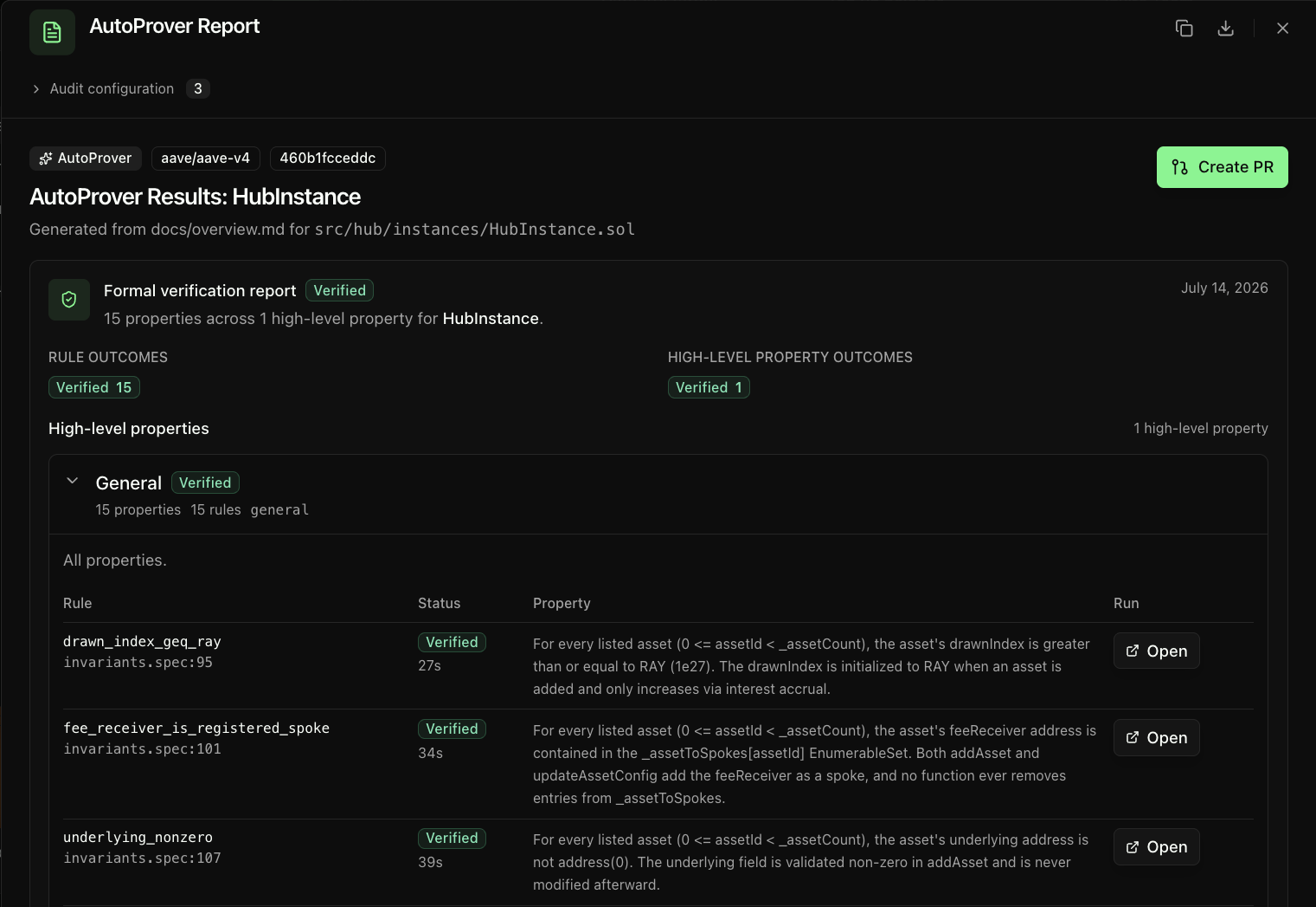 Structured AutoProver report with verified properties and rule outcomes