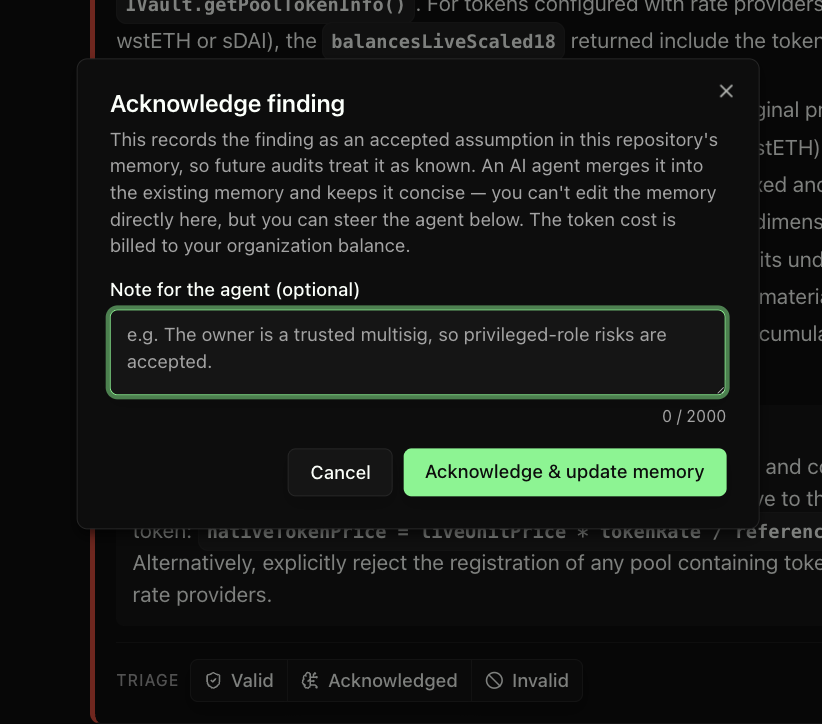 AutoProver feedback dialog for acknowledging a finding and updating repository memory